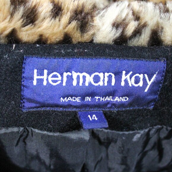 Vintage 1990s Herman Kay Black Wool Coat Leopard Faux Fur Trim Hood Grunge 90s - Picture 10 of 10